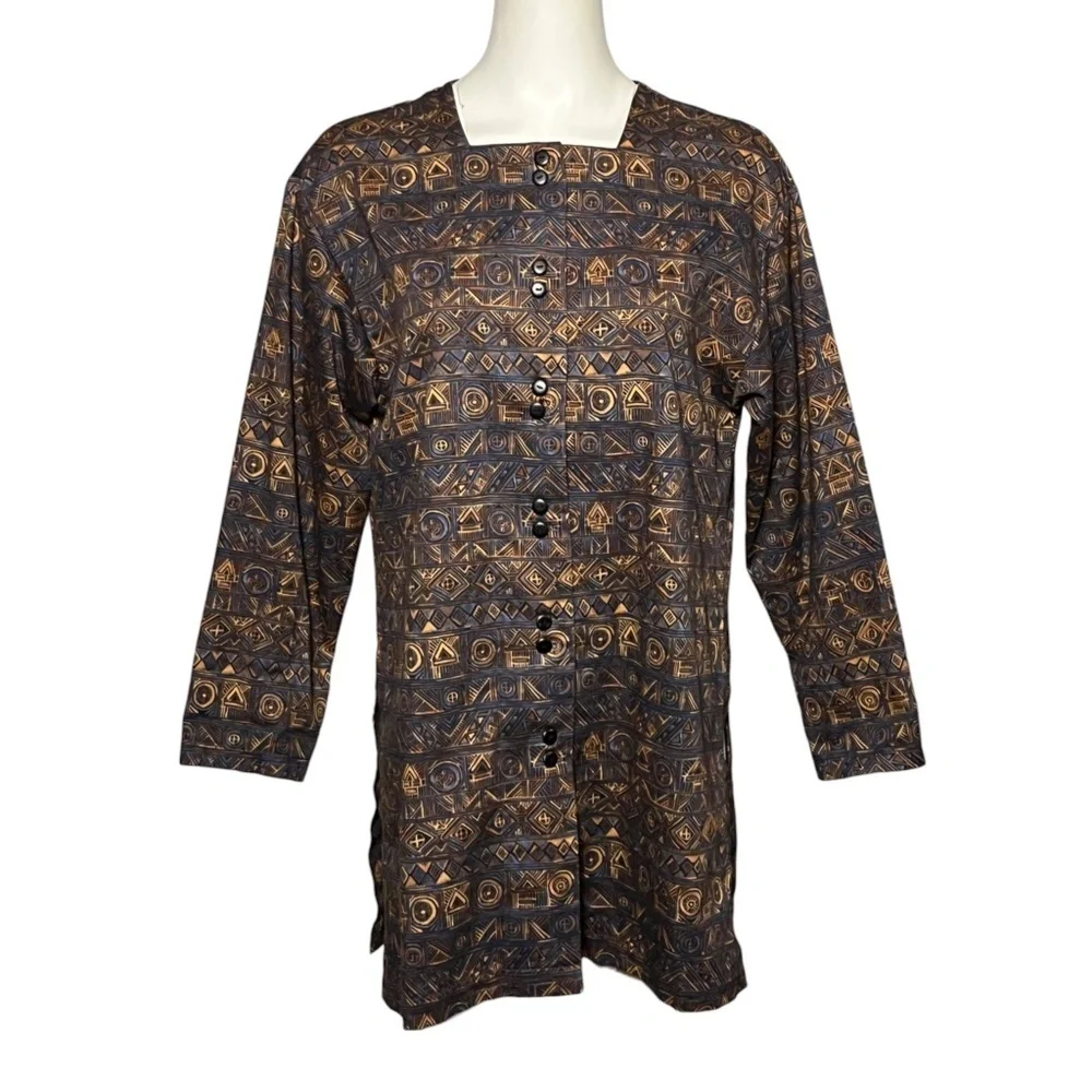 Peruvian Connection Aztec Tribal Print Pima Cotton Long Tunic Top Shirt Jacket S